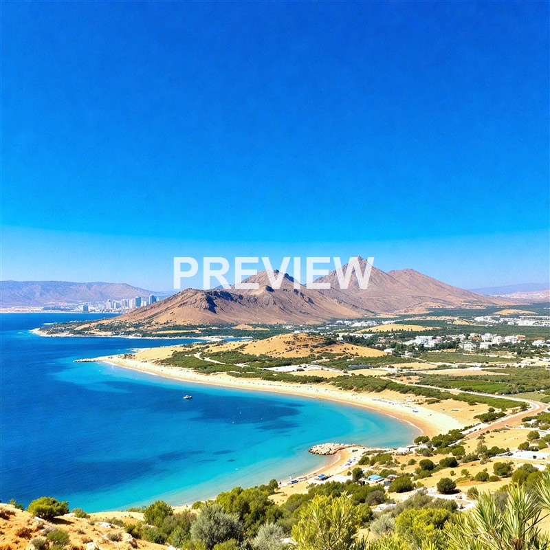 A panoramic view of a coastal landscape with a sandy beach, turquoise water, green vegetation, and mountains in the background under a clear blue sky.